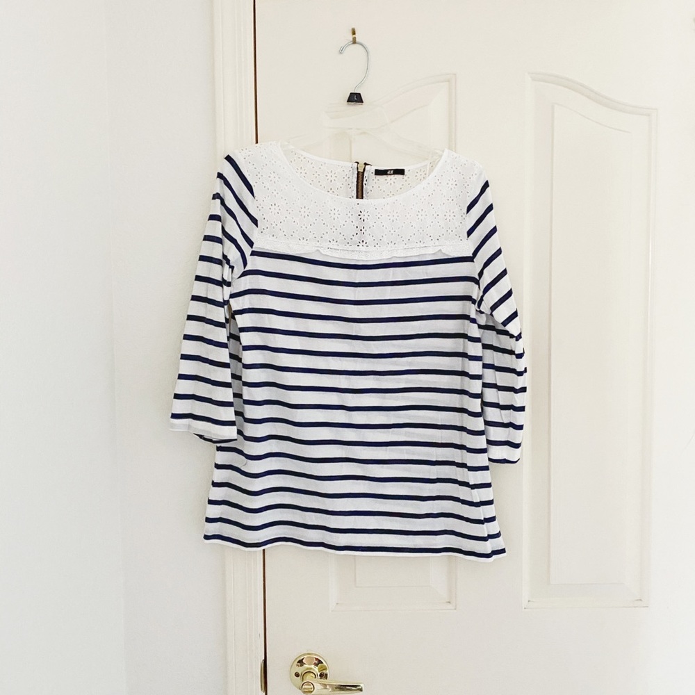 H&M Navy & White Stripe 3/4 Sleeve Shirt - Picture 1 of 3